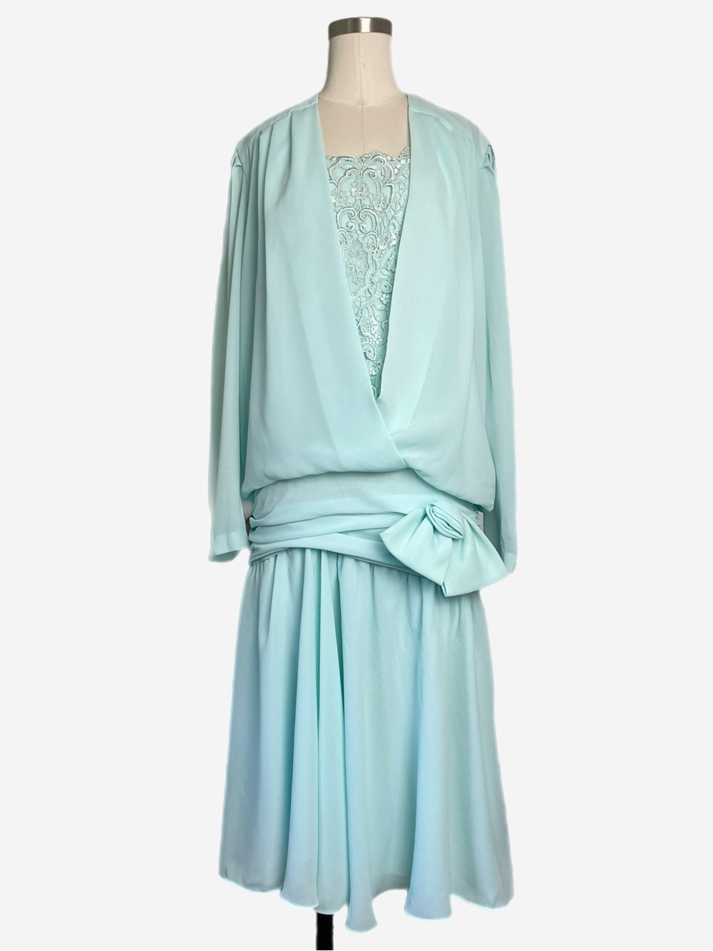 Vintage 80s Liz Roberts Blue chiffon lace panel drop waist rosette bow dress S/M